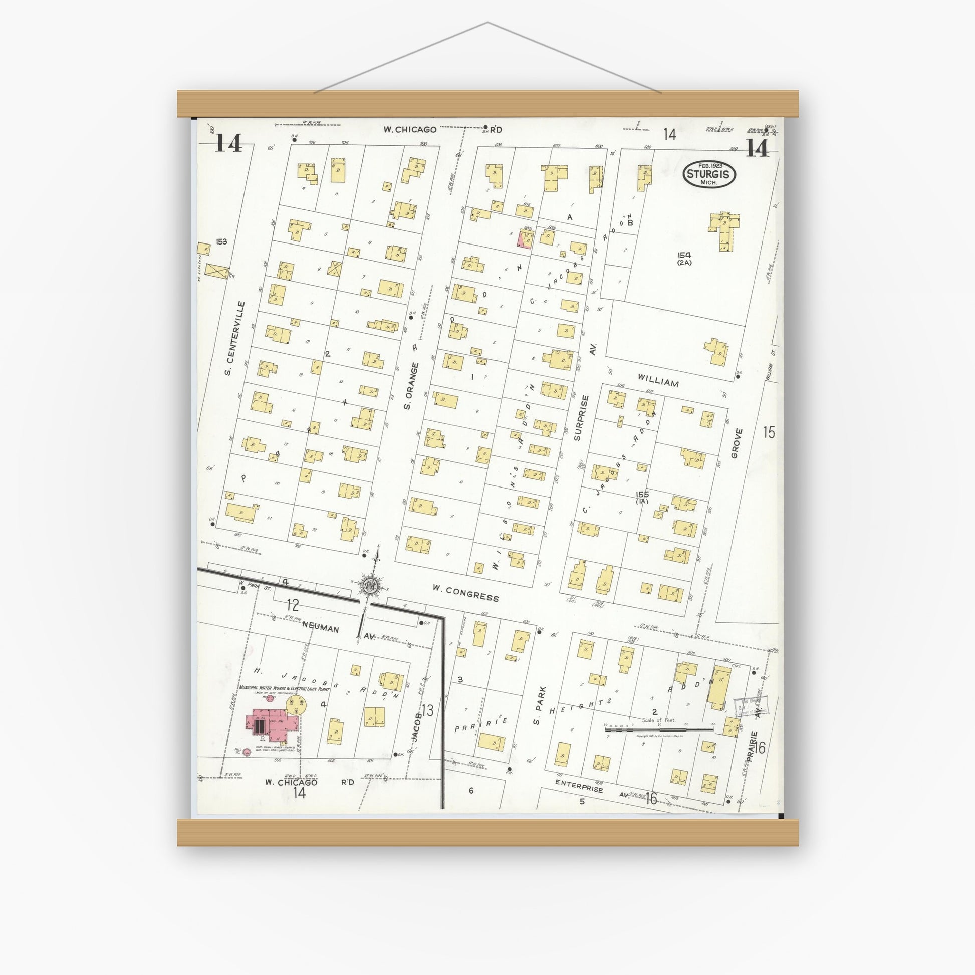 Old map wall art mockup — magnetic wood frame on white wall — Sanborn Fire Insurance Map from Sturgis, Saint Joseph County, Michigan (1923), Sheet #0014
