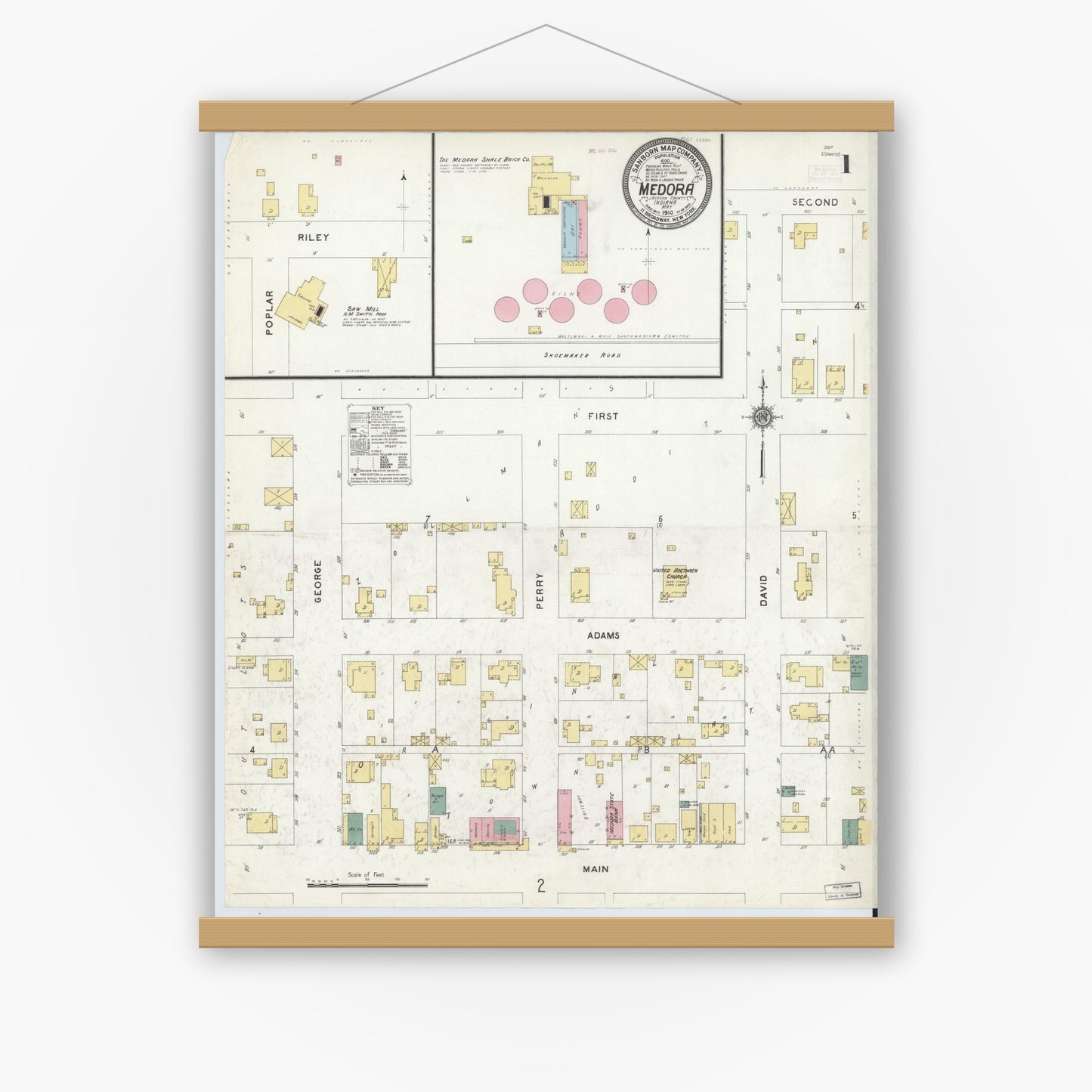 Old map wall art mockup — magnetic wood frame on white wall — Sanborn Fire Insurance Map from Medora, Jackson County, Indiana (1910) - Complete Map Set