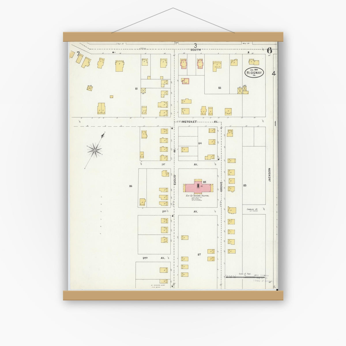 Old map wall art mockup — magnetic wood frame on white wall — Sanborn Fire Insurance Map from Ridgway, Elk County, Pennsylvania (1904), Sheet #0006