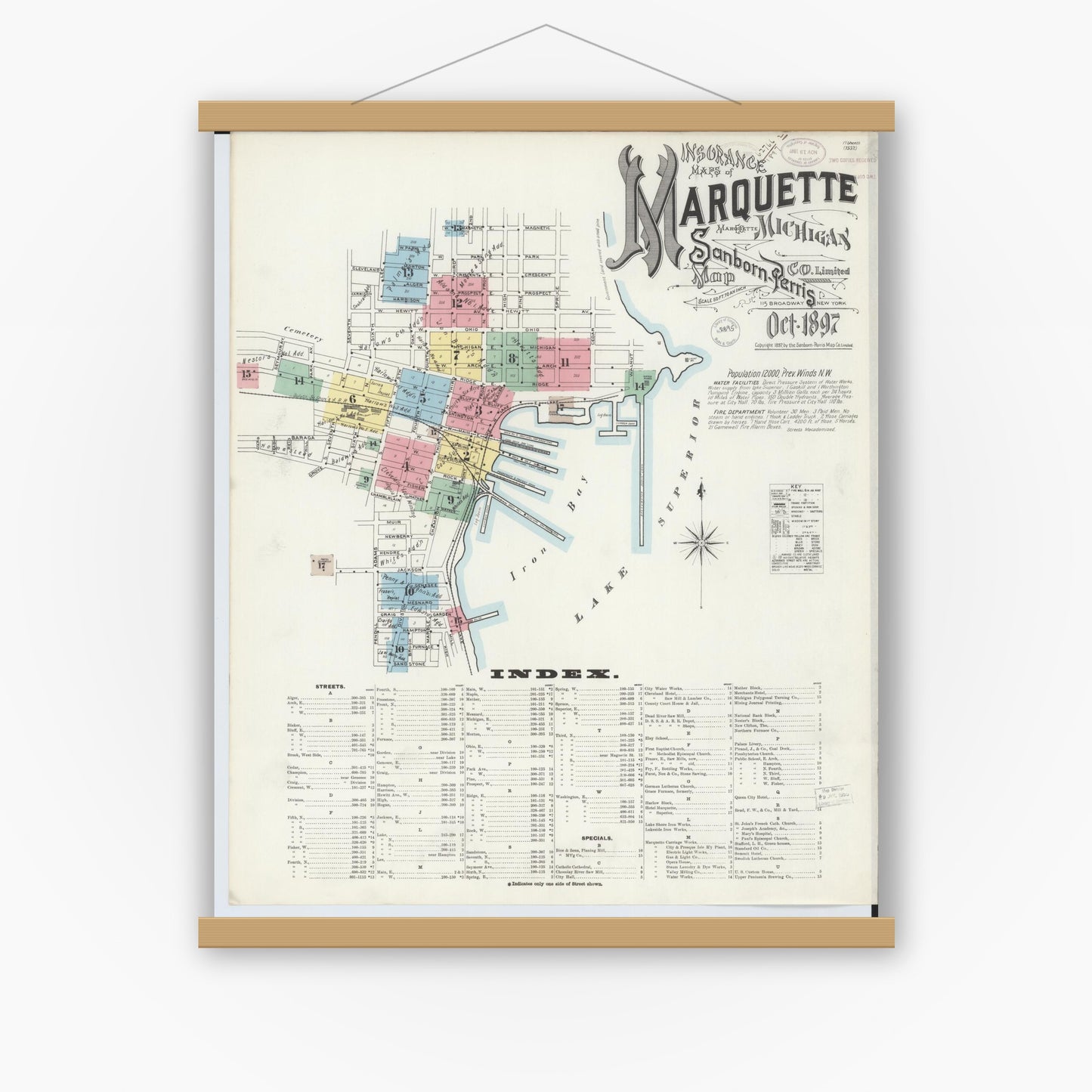 Old map wall art mockup — magnetic wood frame on white wall — Sanborn Fire Insurance Map from Marquette, Marquette County, Michigan (1897) - Complete Map Set