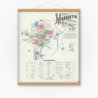 Old map wall art mockup — magnetic wood frame on white wall — Sanborn Fire Insurance Map from Marquette, Marquette County, Michigan (1897) - Complete Map Set