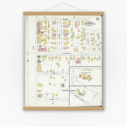 Old map wall art mockup — magnetic wood frame on white wall — Sanborn Fire Insurance Map from Canandaigua, Ontario County, New York (1904), Sheet #0011