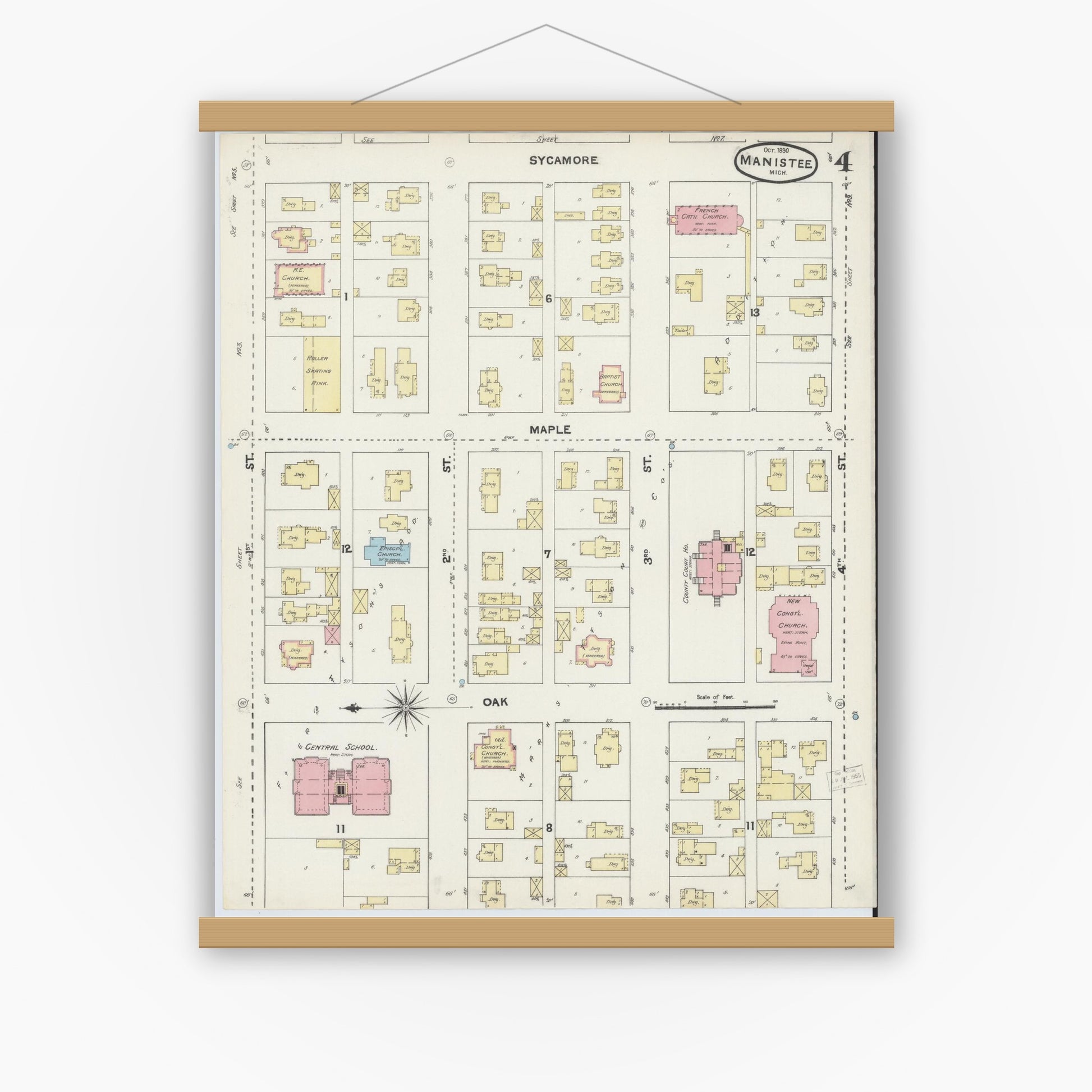 Old map wall art mockup — magnetic wood frame on white wall — Sanborn Fire Insurance Map from Manistee, Manistee County, Michigan (1890), Sheet #0004
