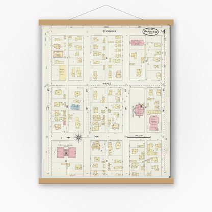 Old map wall art mockup — magnetic wood frame on white wall — Sanborn Fire Insurance Map from Manistee, Manistee County, Michigan (1890), Sheet #0004