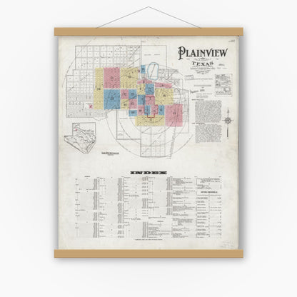 Old map wall art mockup — magnetic wood frame on white wall — Sanborn Fire Insurance Map from Plainview, Hale County, Texas (1927), Sheet #0001