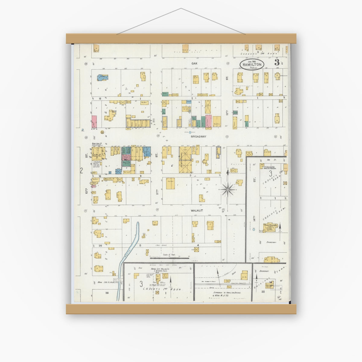 Old map wall art mockup — magnetic wood frame on white wall — Sanborn Fire Insurance Map from Hamilton, Hancock County, Illinois (1906), Sheet #0003