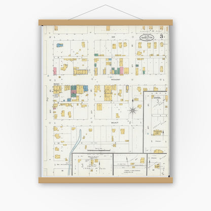Old map wall art mockup — magnetic wood frame on white wall — Sanborn Fire Insurance Map from Hamilton, Hancock County, Illinois (1906), Sheet #0003