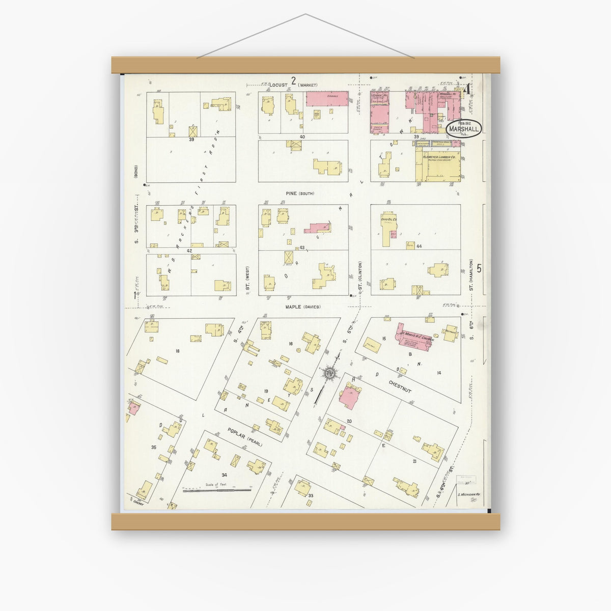 Old map wall art mockup — magnetic wood frame on white wall — Sanborn Fire Insurance Map from Marshall, Clark County, Illinois (1912), Sheet #0004