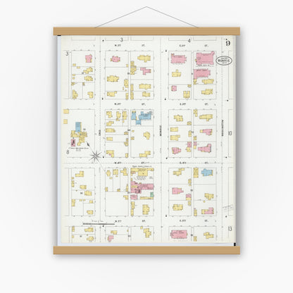 Old map wall art mockup — magnetic wood frame on white wall — Sanborn Fire Insurance Map from Monroe, Monroe County, Michigan (1899), Sheet #0009