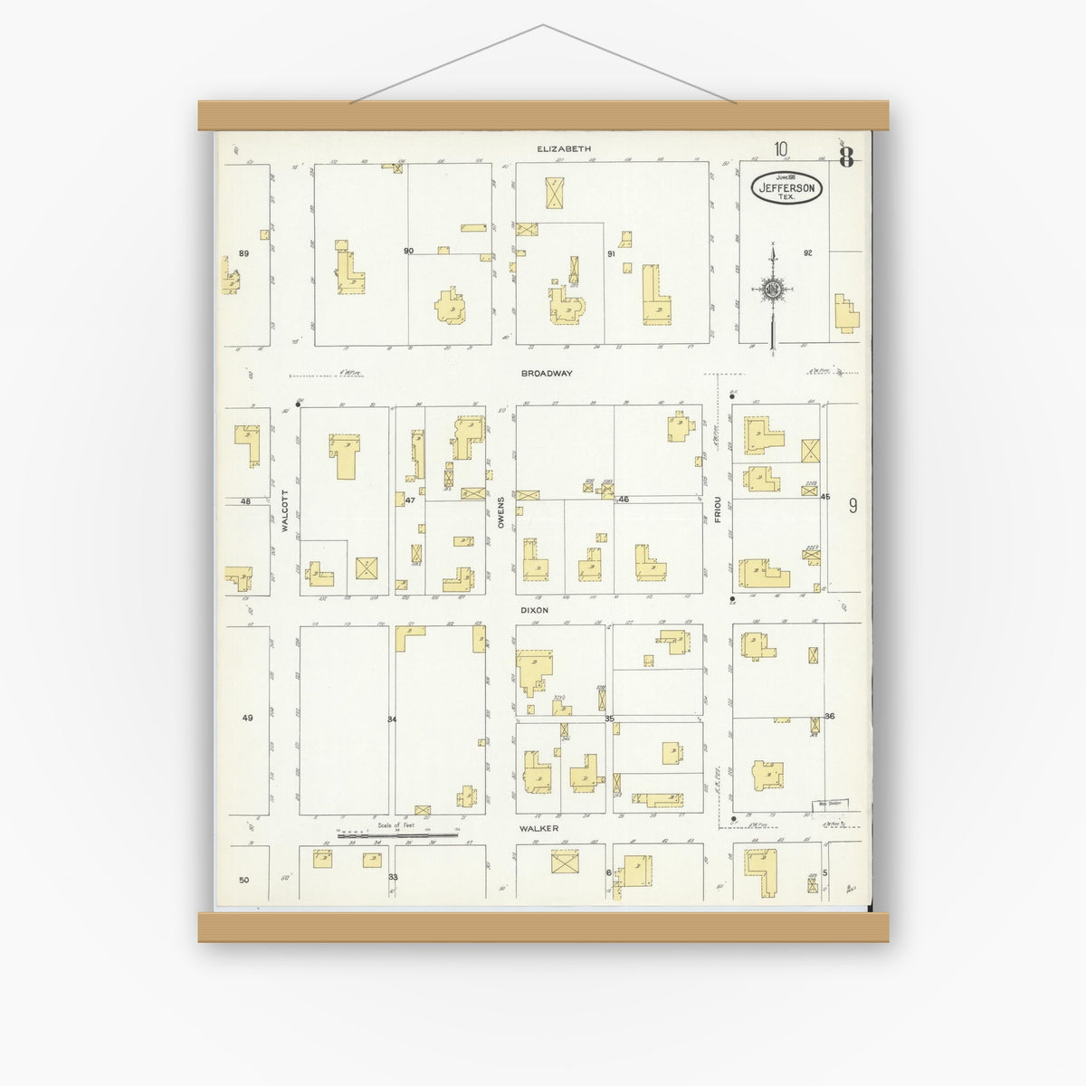 Old map wall art mockup — magnetic wood frame on white wall — Sanborn Fire Insurance Map from Jefferson, Marion County, Texas (1911), Sheet #0008