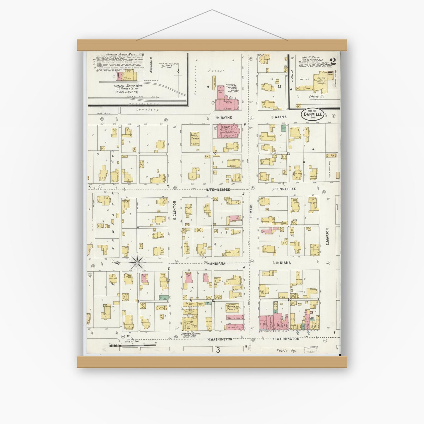 Old map wall art mockup — magnetic wood frame on white wall — Sanborn Fire Insurance Map from Danville, Hendricks County, Indiana (1898), Sheet #0002