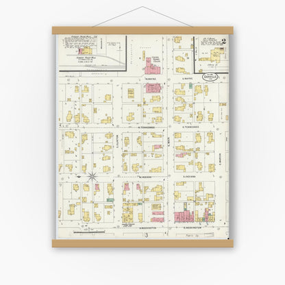 Old map wall art mockup — magnetic wood frame on white wall — Sanborn Fire Insurance Map from Danville, Hendricks County, Indiana (1898), Sheet #0002