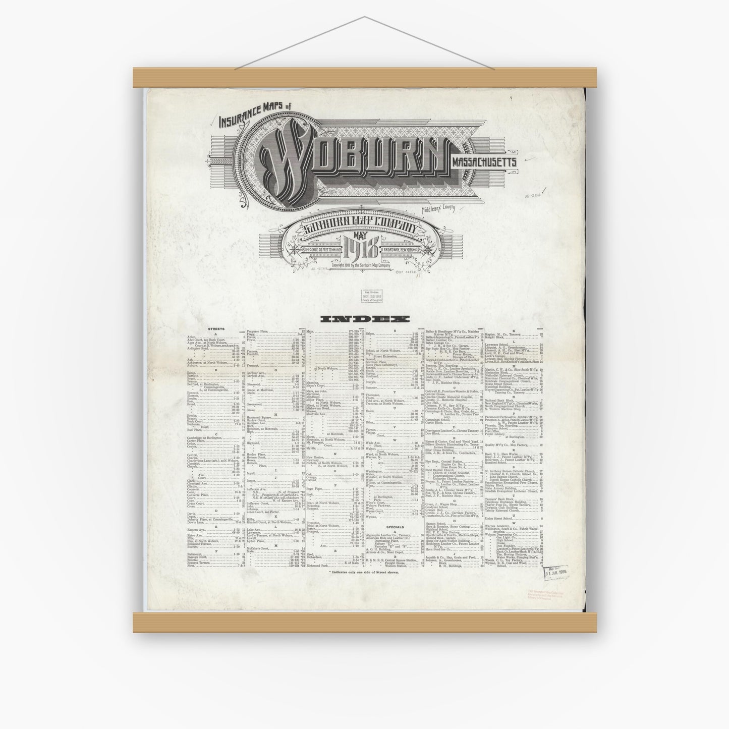Old map wall art mockup — magnetic wood frame on white wall — Sanborn Fire Insurance Map from Woburn, Middlesex County, Massachusetts (1918), Sheet #0001