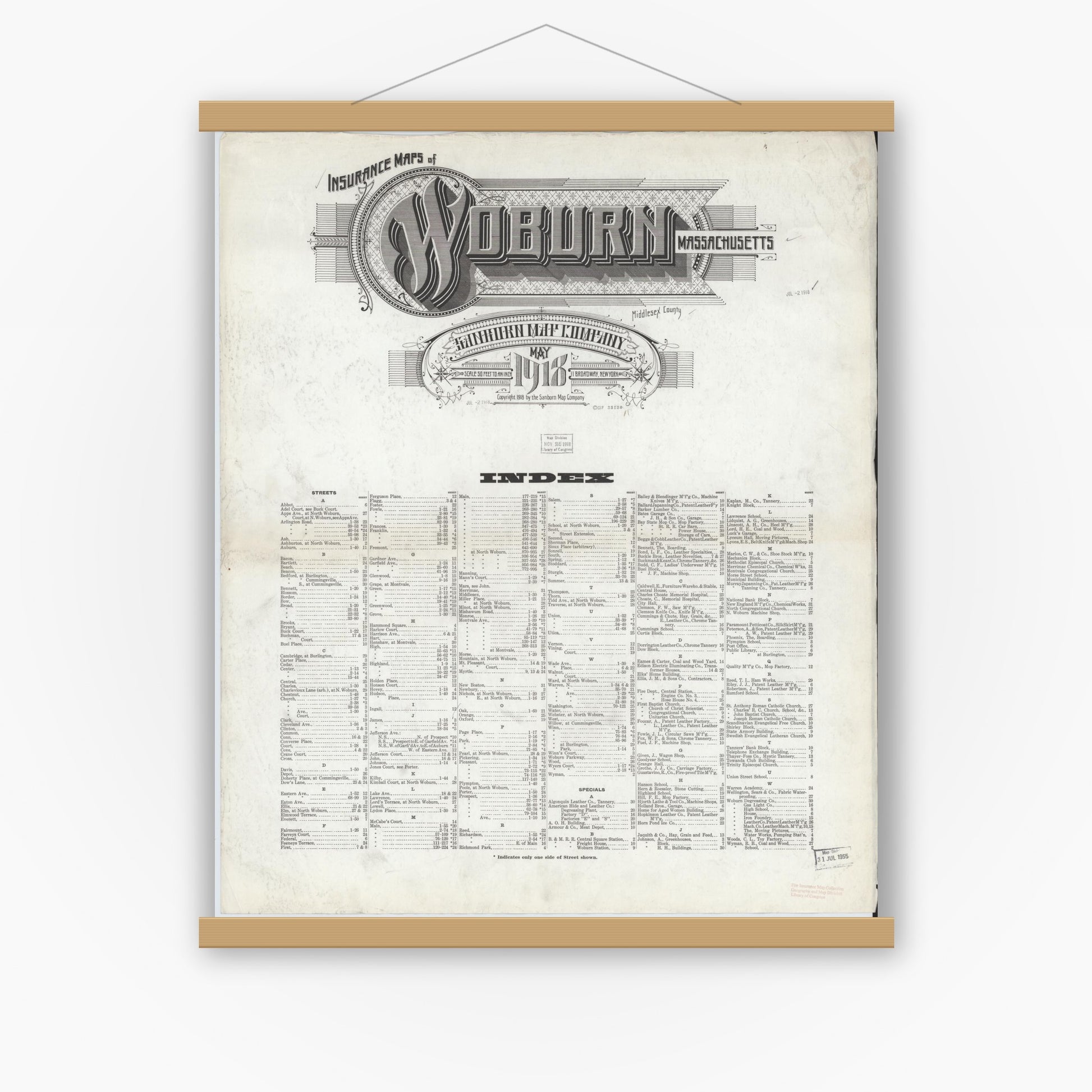 Old map wall art mockup — magnetic wood frame on white wall — Sanborn Fire Insurance Map from Woburn, Middlesex County, Massachusetts (1918), Sheet #0001