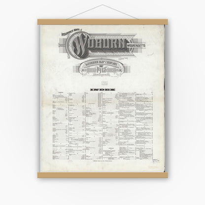 Old map wall art mockup — magnetic wood frame on white wall — Sanborn Fire Insurance Map from Woburn, Middlesex County, Massachusetts (1918), Sheet #0001
