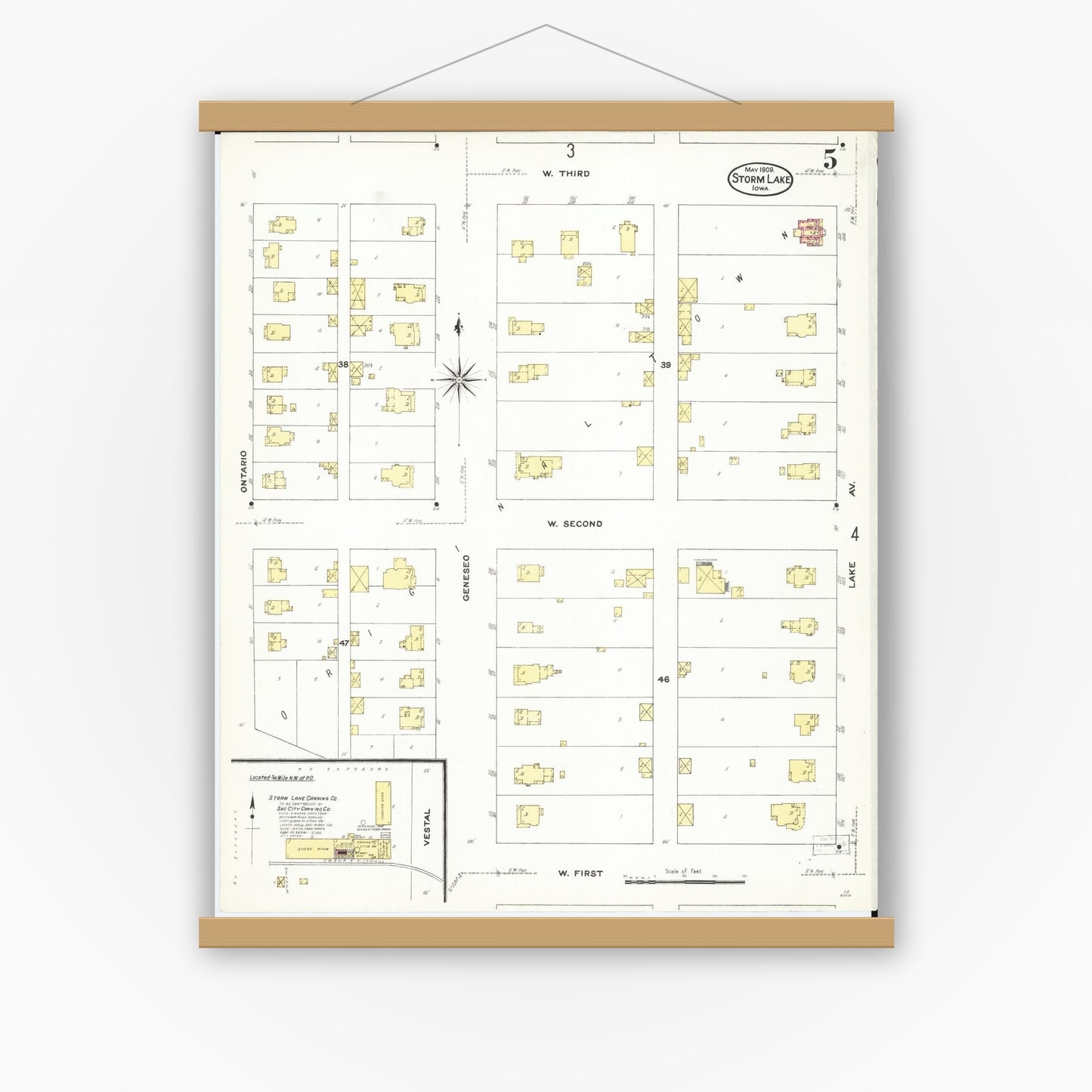 Old map wall art mockup — magnetic wood frame on white wall — Sanborn Fire Insurance Map from Storm Lake, Buena Vista County, Iowa (1909), Sheet #0005