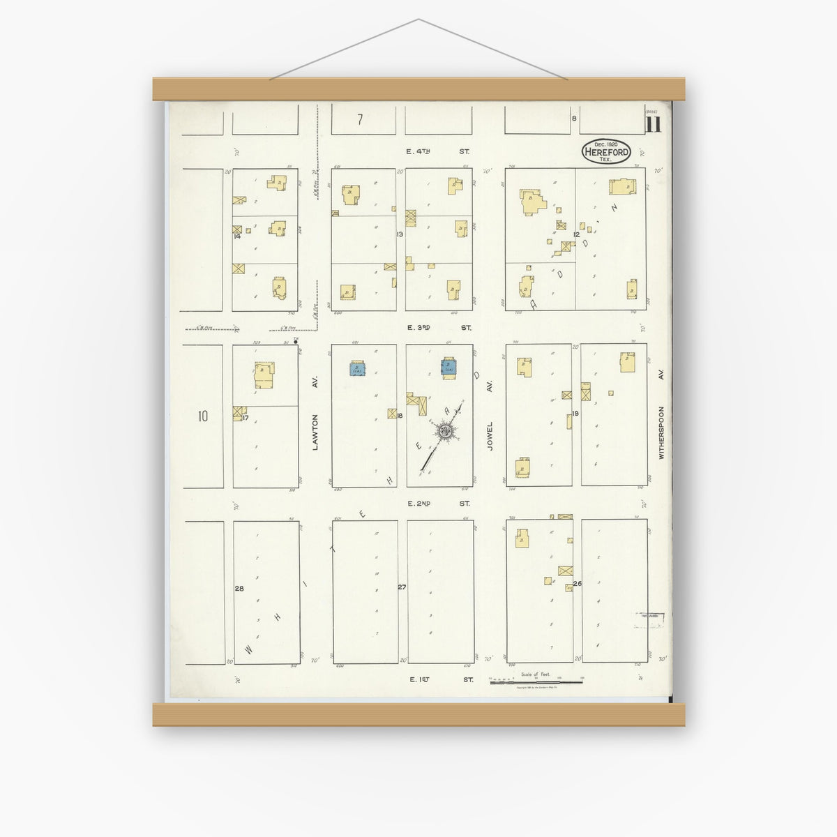 Old map wall art mockup — magnetic wood frame on white wall — Sanborn Fire Insurance Map from Hereford, Deaf Smith County, Texas (1920), Sheet #0011