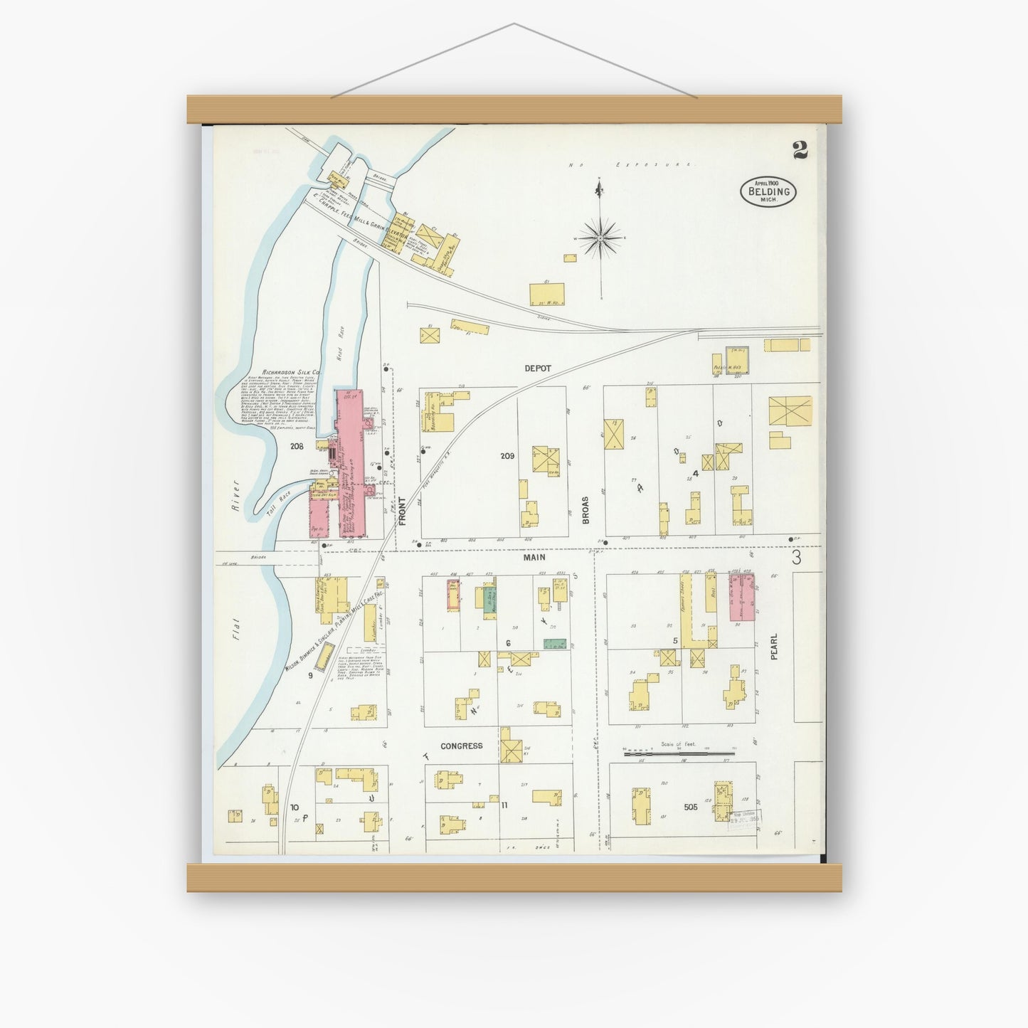 Old map wall art mockup — magnetic wood frame on white wall — Sanborn Fire Insurance Map from Belding, Ionia County, Michigan (1900), Sheet #0002