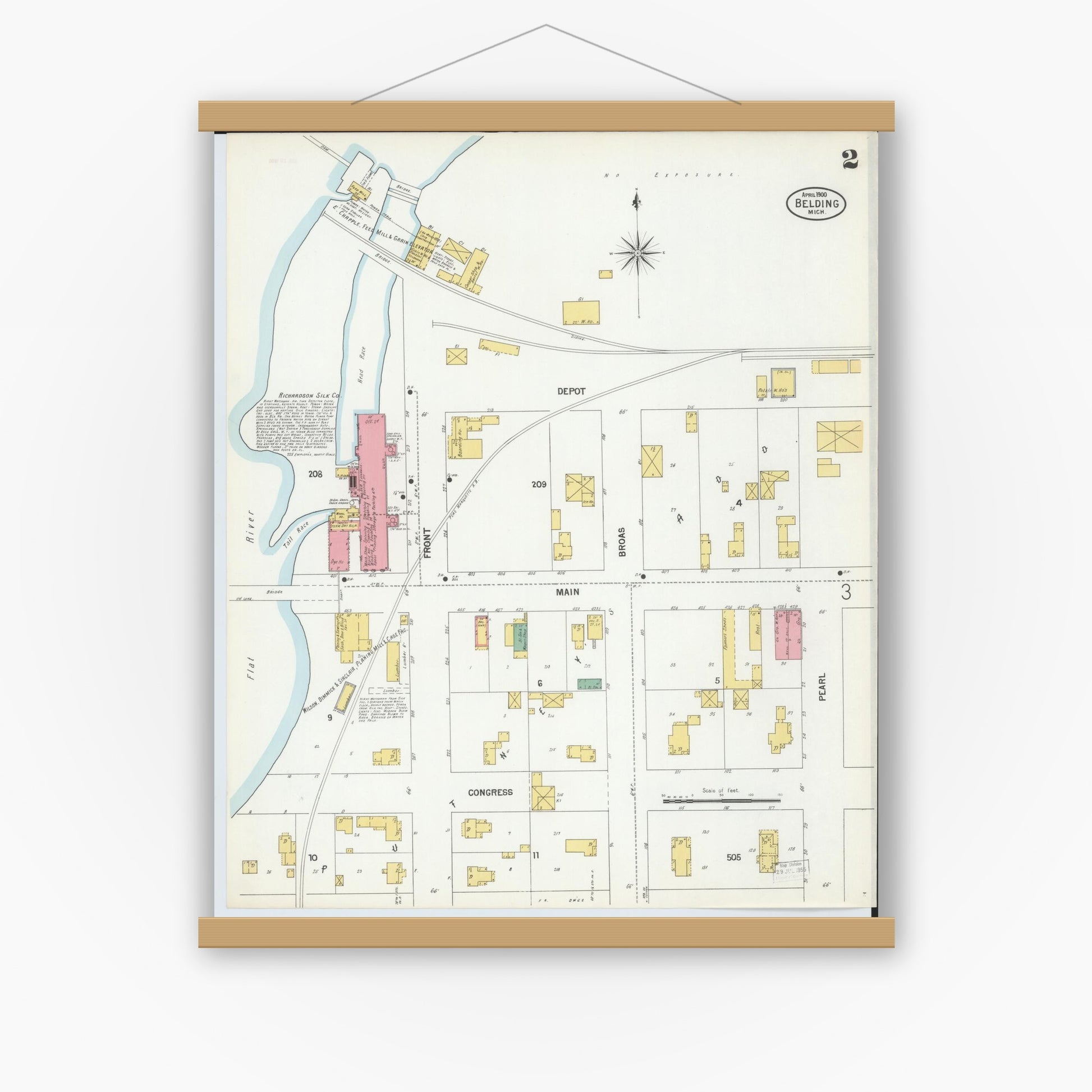 Old map wall art mockup — magnetic wood frame on white wall — Sanborn Fire Insurance Map from Belding, Ionia County, Michigan (1900), Sheet #0002