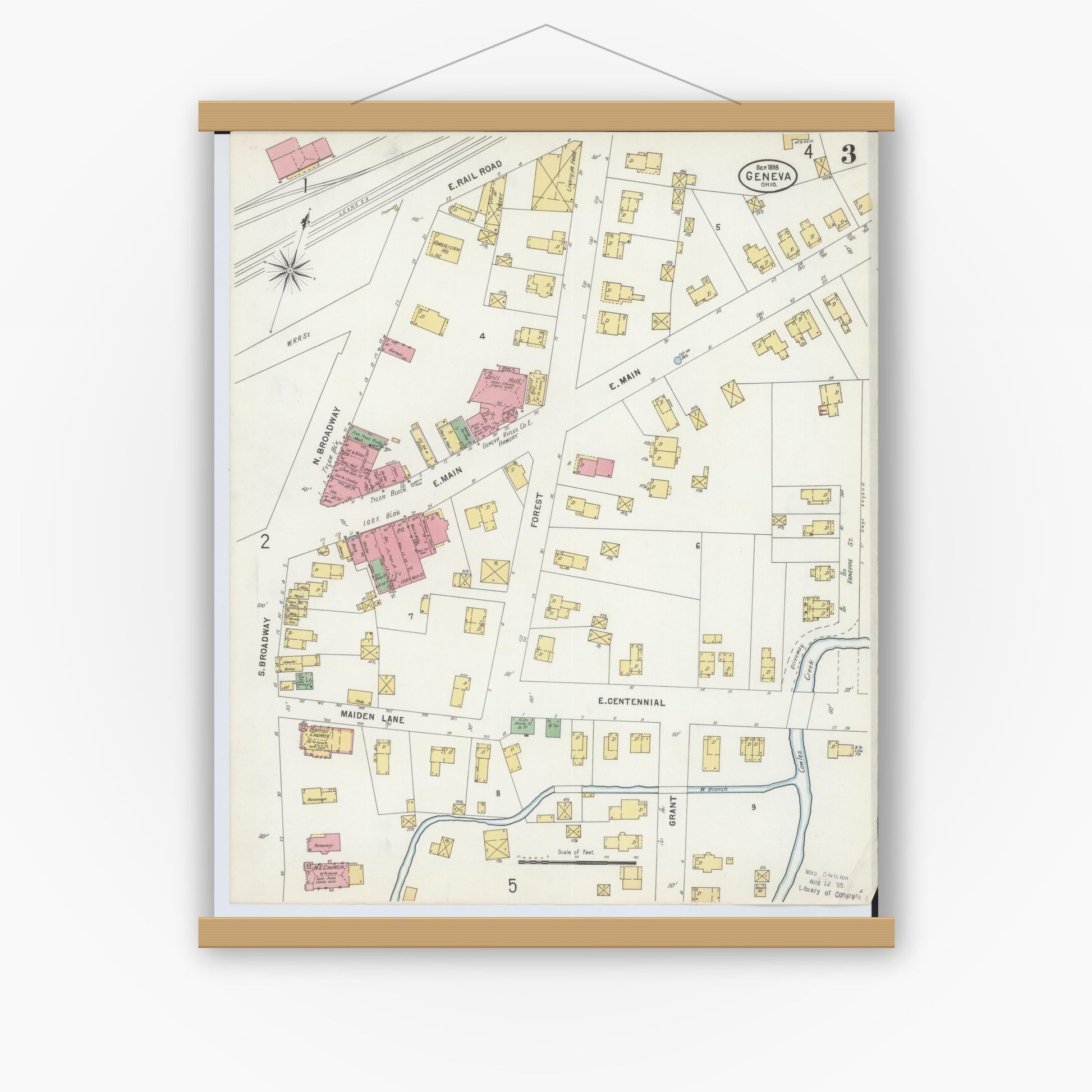 Old map wall art mockup — magnetic wood frame on white wall — Sanborn Fire Insurance Map from Geneva, Ashtabula County, Ohio (1898), Sheet #0003