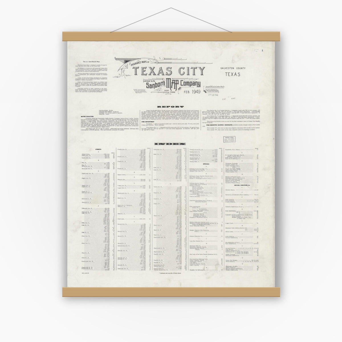 Old map wall art mockup — magnetic wood frame on white wall — Sanborn Fire Insurance Map from Texas City, Galveston County, Texas (1949), Sheet #0001