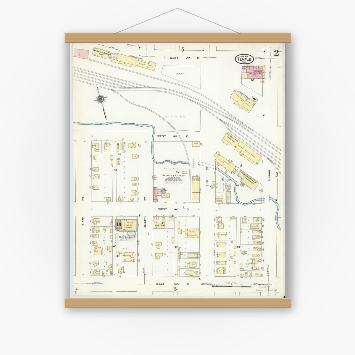 Old map wall art mockup — magnetic wood frame on white wall — Sanborn Fire Insurance Map from Temple, Bell County, Texas (1910), Sheet #0002