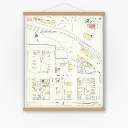 Old map wall art mockup — magnetic wood frame on white wall — Sanborn Fire Insurance Map from Temple, Bell County, Texas (1910), Sheet #0002
