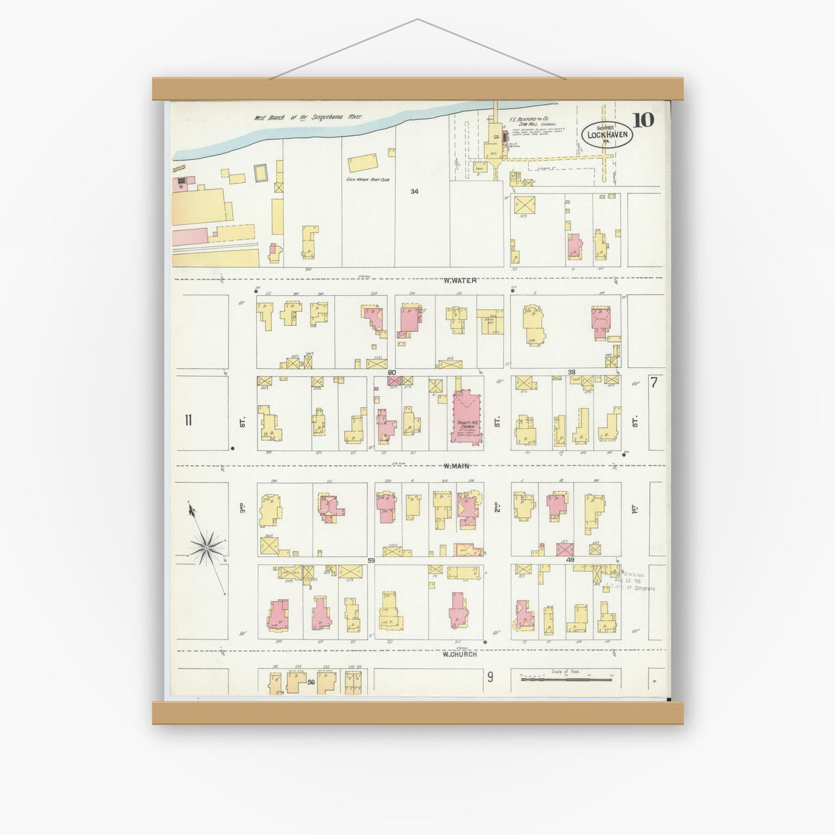 Old map wall art mockup — magnetic wood frame on white wall — Sanborn Fire Insurance Map from Lock Haven, Clinton County, Pennsylvania (1901), Sheet #0010