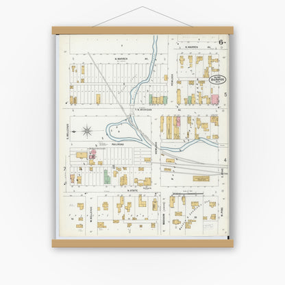 Old map wall art mockup — magnetic wood frame on white wall — Sanborn Fire Insurance Map from Big Rapids, Mecosta County, Michigan (1899), Sheet #0006
