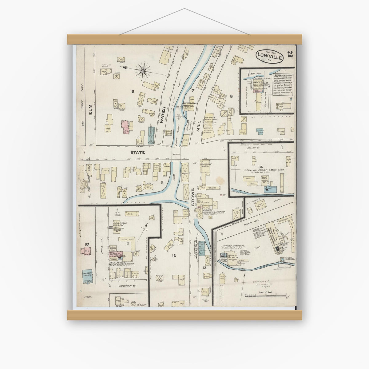 Old map wall art mockup — magnetic wood frame on white wall — Sanborn Fire Insurance Map from Lowville, Lewis County, New York (1884), Sheet #0002