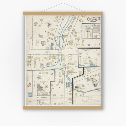 Old map wall art mockup — magnetic wood frame on white wall — Sanborn Fire Insurance Map from Lowville, Lewis County, New York (1884), Sheet #0002