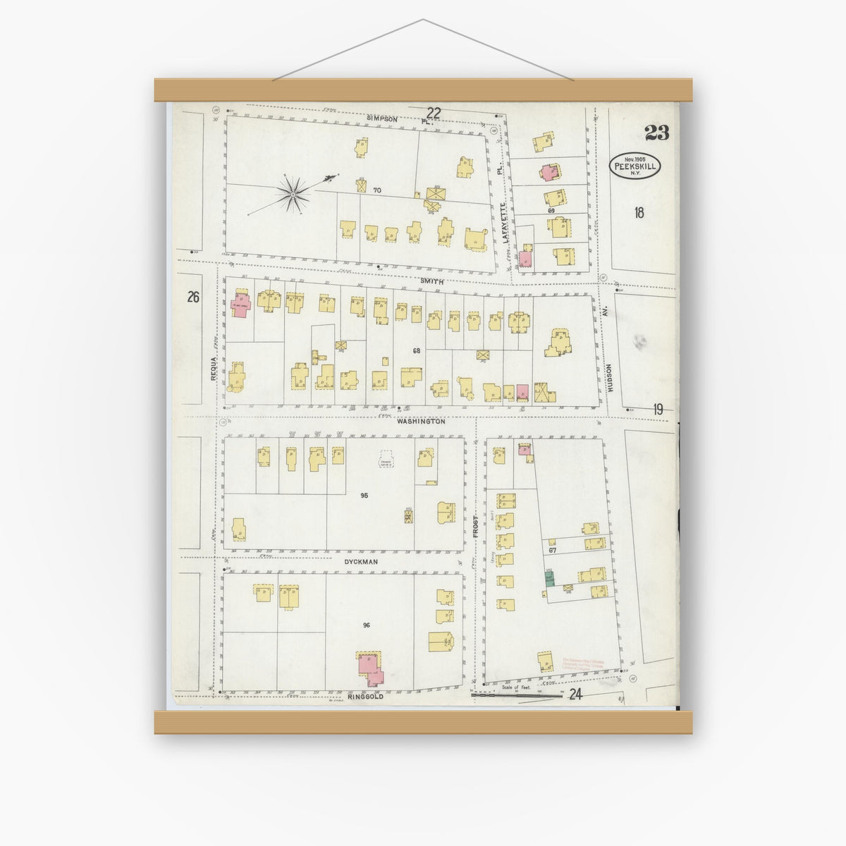 Old map wall art mockup — magnetic wood frame on white wall — Sanborn Fire Insurance Map from Peekskill, Westchester County, New York (1905), Sheet #0023