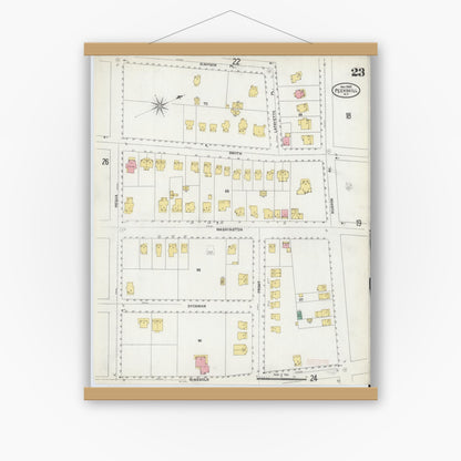 Old map wall art mockup — magnetic wood frame on white wall — Sanborn Fire Insurance Map from Peekskill, Westchester County, New York (1905), Sheet #0023