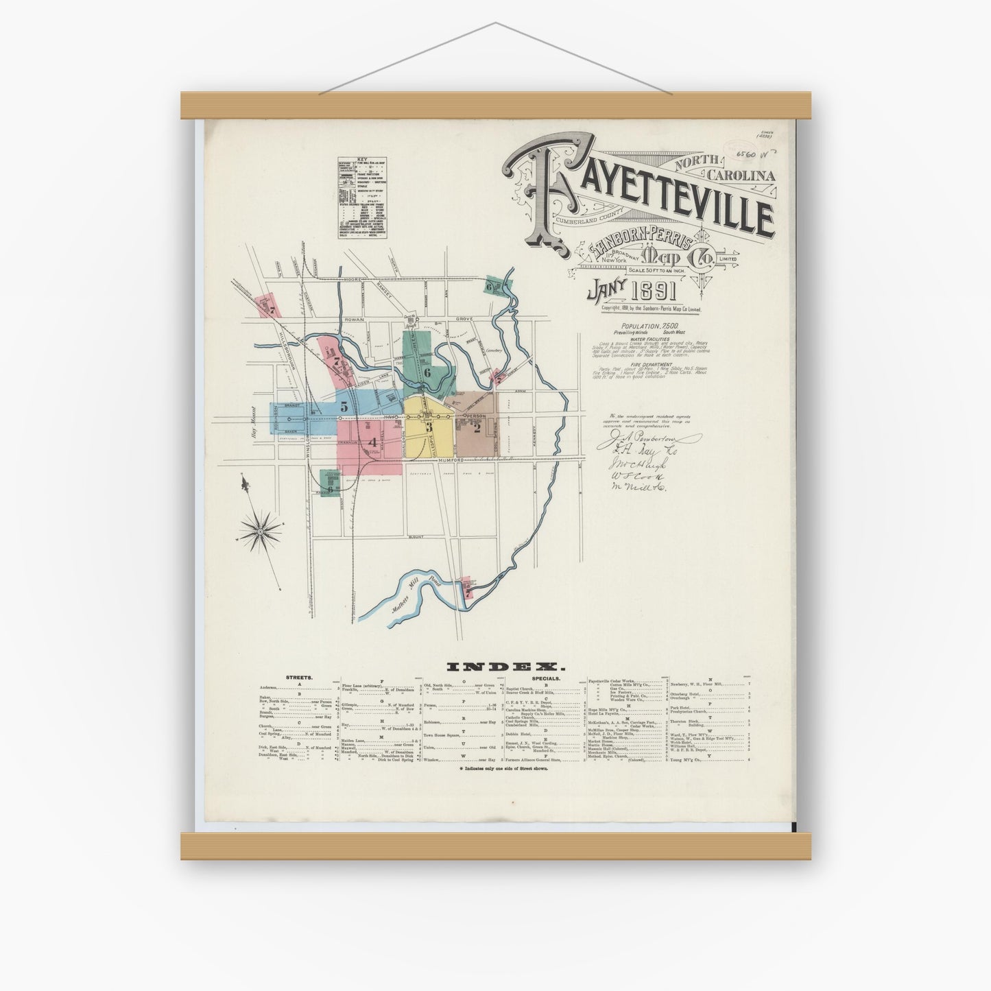 Old map wall art mockup — magnetic wood frame on white wall — Sanborn Fire Insurance Map from Fayetteville, Cumberland County, North Carolina (1891) - Complete Map Set