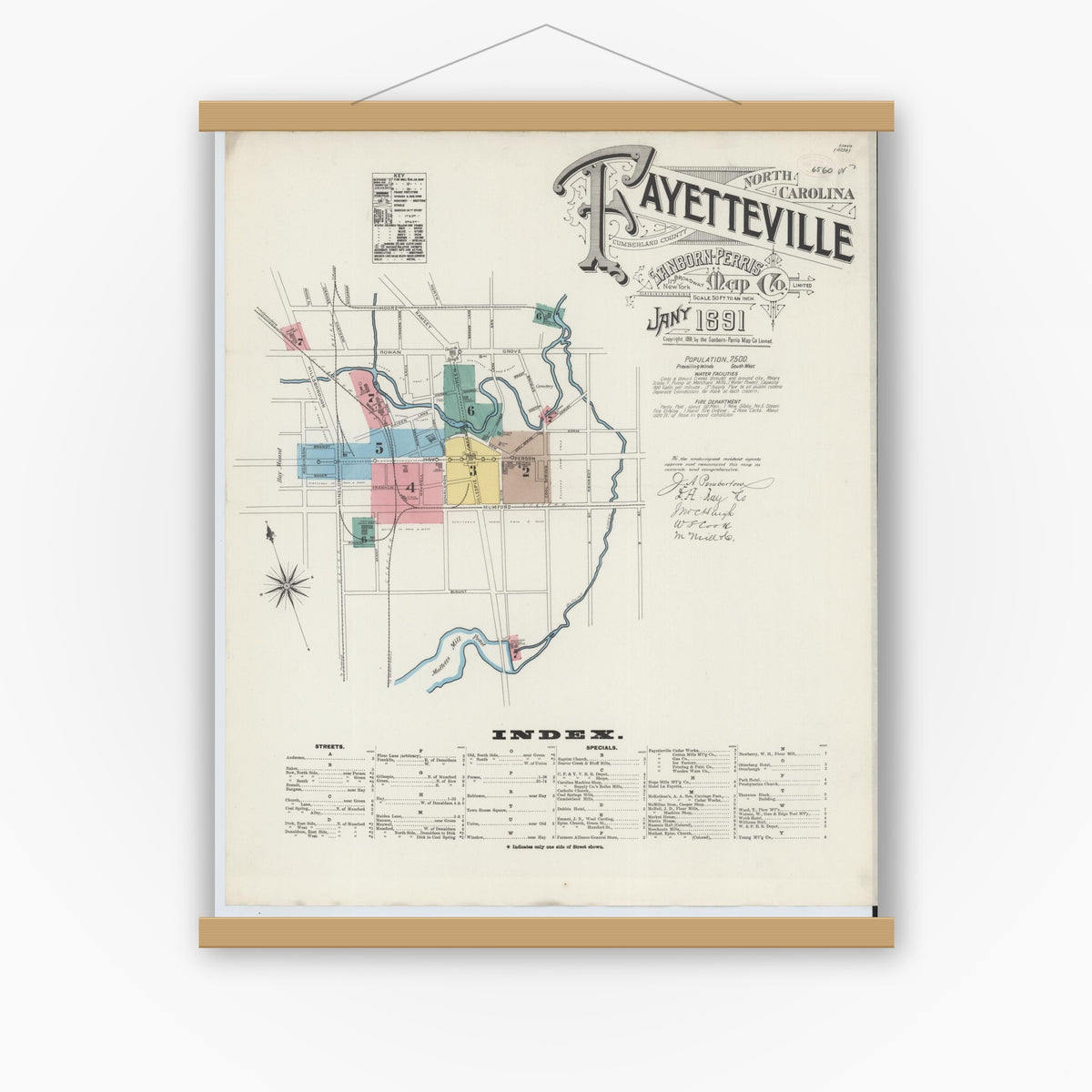 Old map wall art mockup — magnetic wood frame on white wall — Sanborn Fire Insurance Map from Fayetteville, Cumberland County, North Carolina (1891) - Complete Map Set