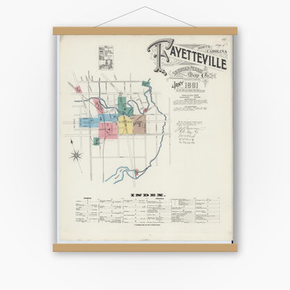 Old map wall art mockup — magnetic wood frame on white wall — Sanborn Fire Insurance Map from Fayetteville, Cumberland County, North Carolina (1891) - Complete Map Set