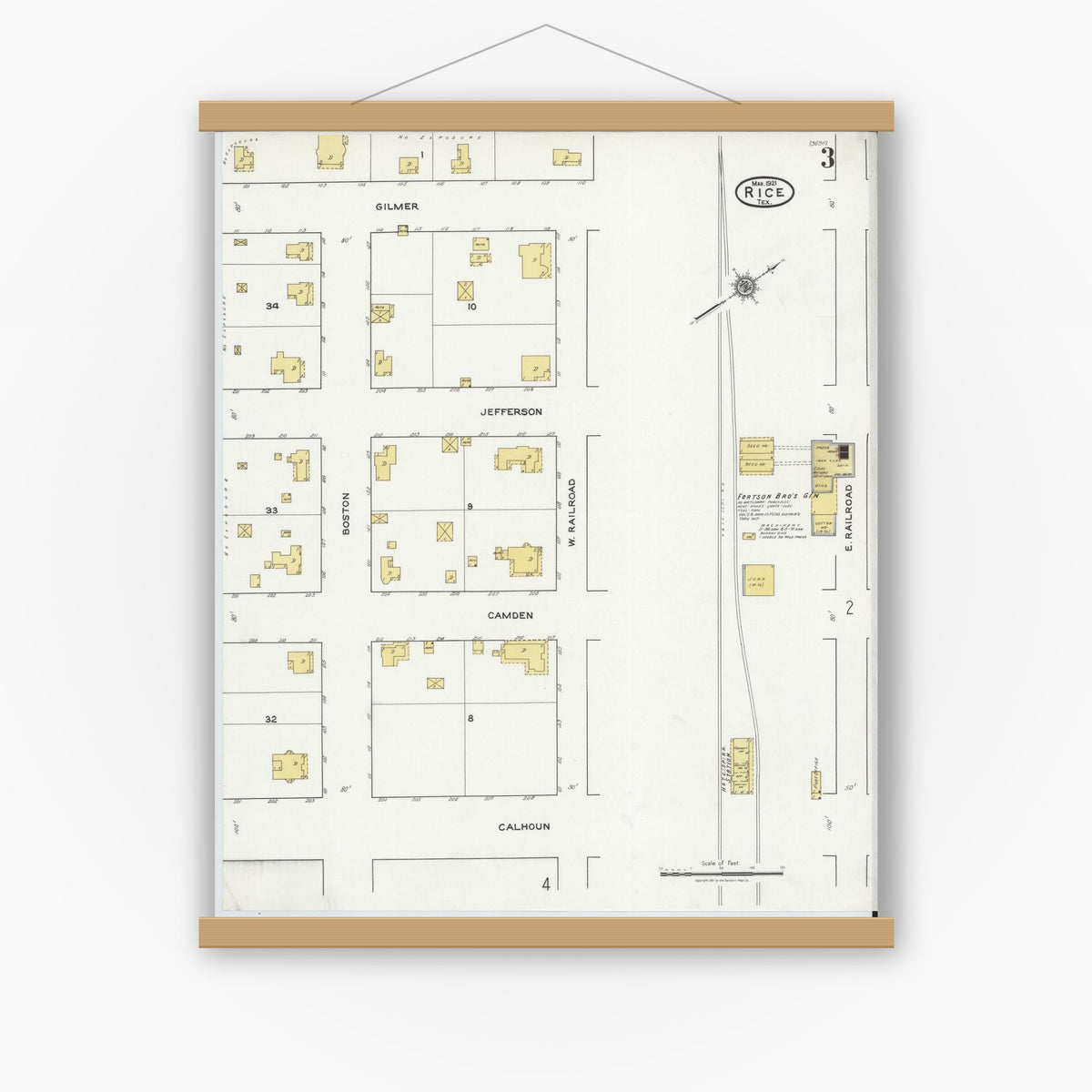 Old map wall art mockup — magnetic wood frame on white wall — Sanborn Fire Insurance Map from Rice, Navarro County, Texas (1921), Sheet #0003