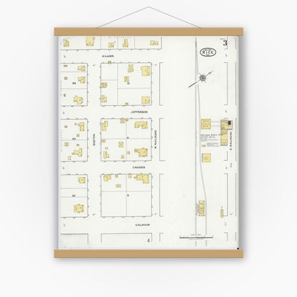 Old map wall art mockup — magnetic wood frame on white wall — Sanborn Fire Insurance Map from Rice, Navarro County, Texas (1921), Sheet #0003