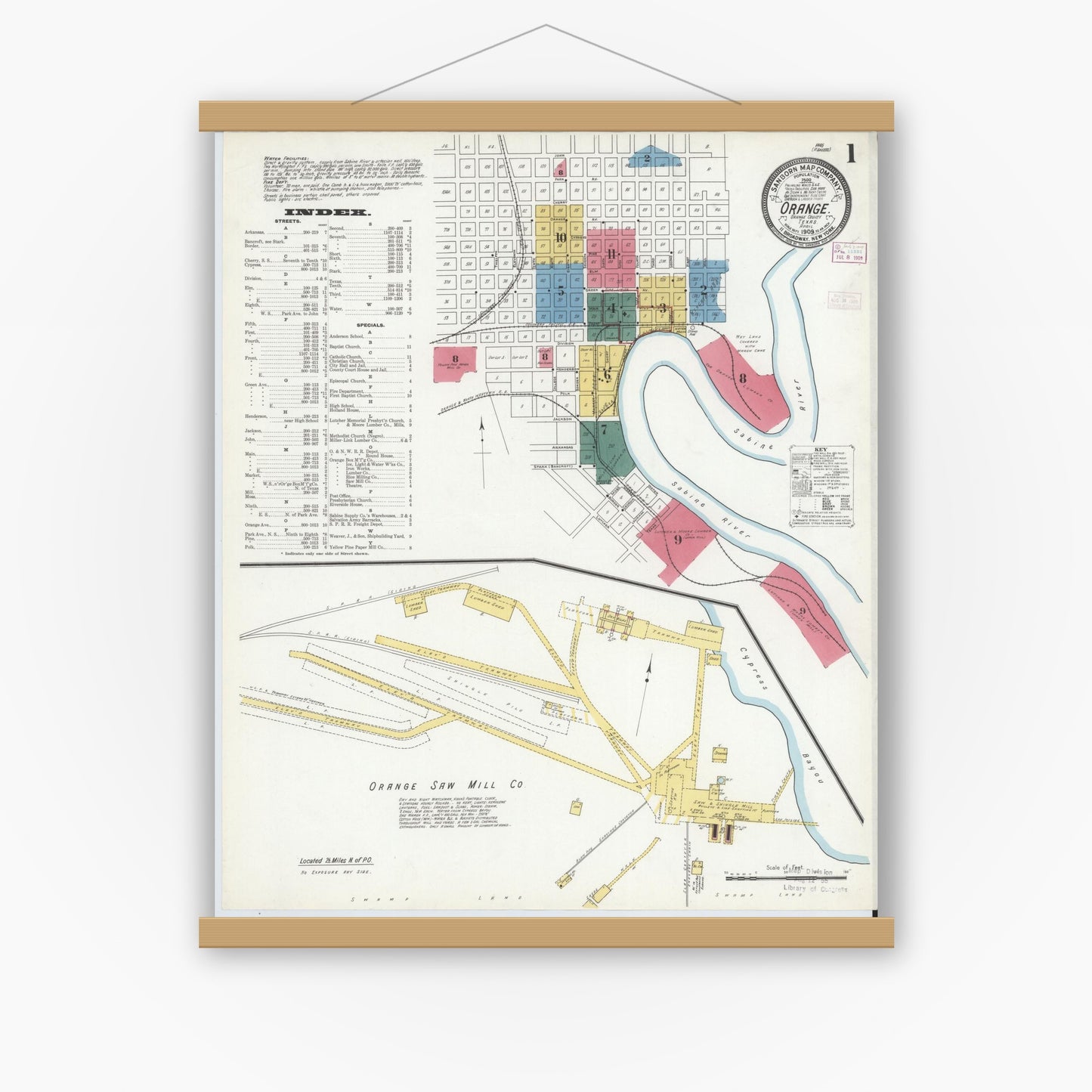 Old map wall art mockup — magnetic wood frame on white wall — Sanborn Fire Insurance Map from Orange, Orange County, Texas (1909), Sheet #0001