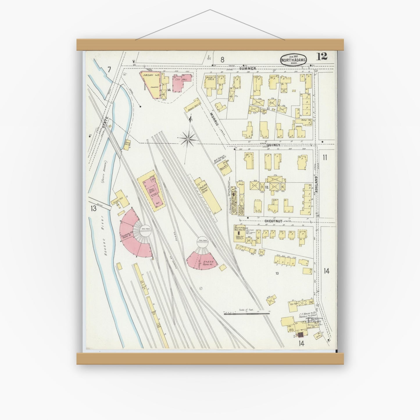 Old map wall art mockup — magnetic wood frame on white wall — Sanborn Fire Insurance Map from North Adams, Berkshire County, Massachusetts (1897), Sheet #0012