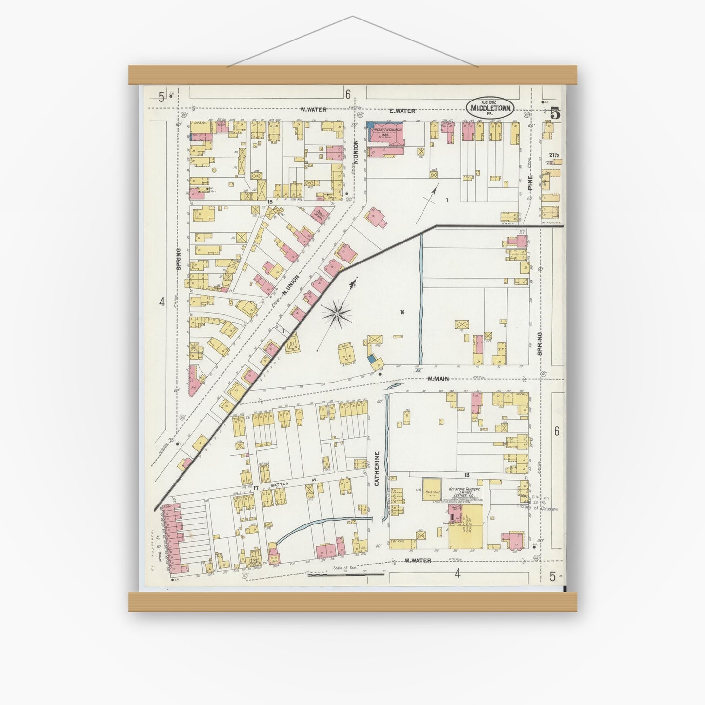 Old map wall art mockup — magnetic wood frame on white wall — Sanborn Fire Insurance Map from Middletown, Dauphin County, Pennsylvania (1902), Sheet #0005
