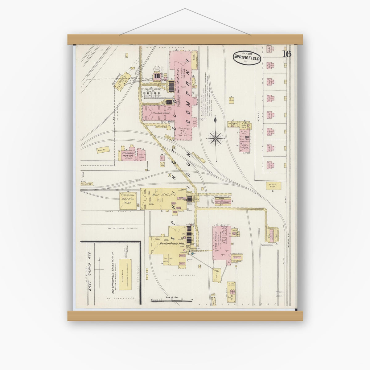 Old map wall art mockup — magnetic wood frame on white wall — Sanborn Fire Insurance Map from Springfield, Sangamon County, Illinois (1890), Sheet #0016