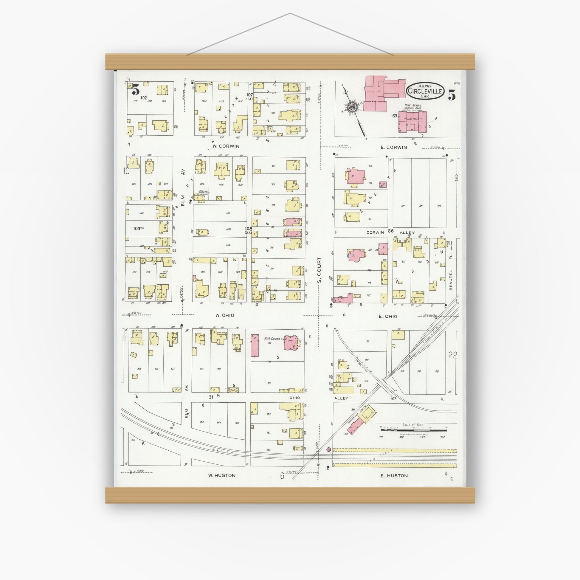 Old map wall art mockup — magnetic wood frame on white wall — Sanborn Fire Insurance Map from Circleville, Pickaway County, Ohio (1927), Sheet #0005