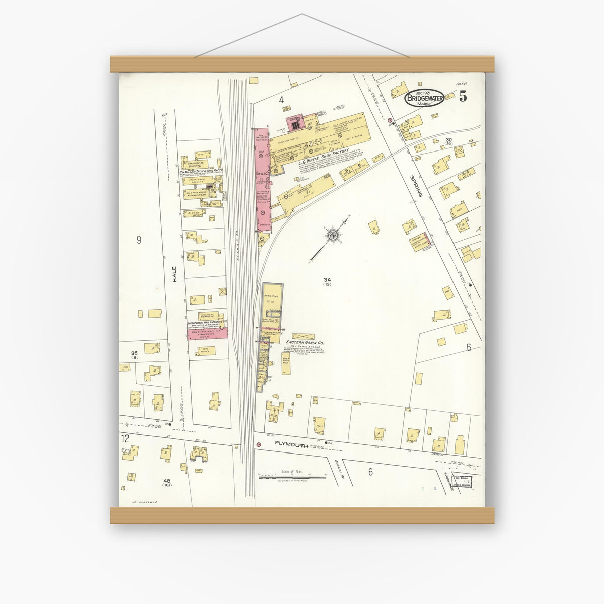 Old map wall art mockup — magnetic wood frame on white wall — Sanborn Fire Insurance Map from Bridgewater, Plymouth County, Massachusetts (1921), Sheet #0005