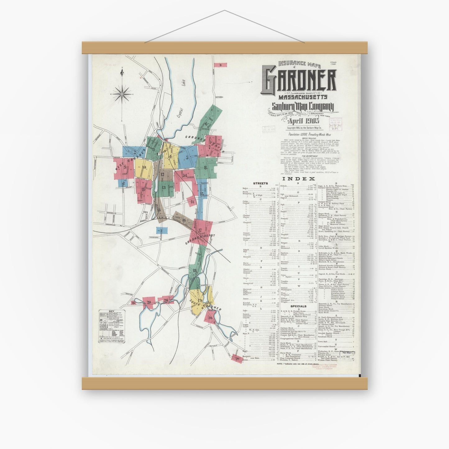 Old map wall art mockup — magnetic wood frame on white wall — Sanborn Fire Insurance Map from Gardner, Worcester County, Massachusetts (1905) - Complete Map Set