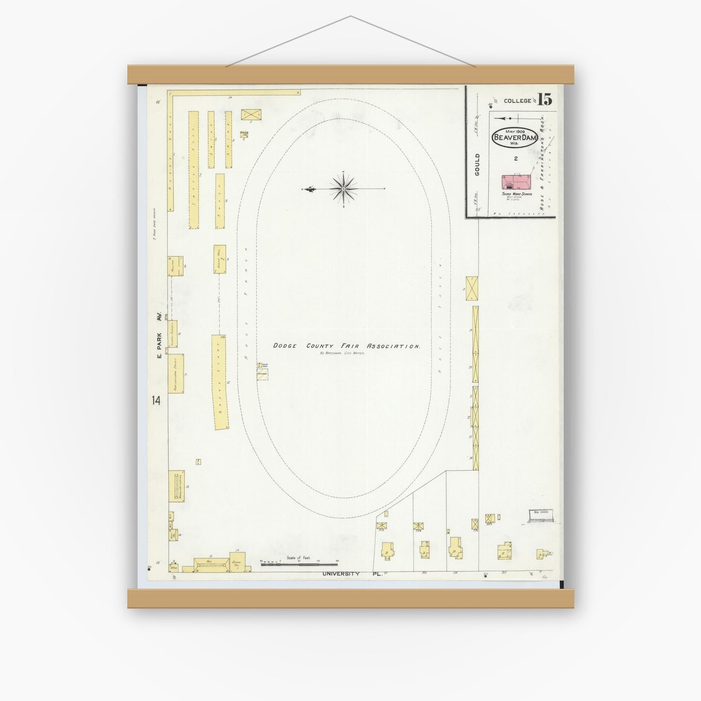 Old map wall art mockup — magnetic wood frame on white wall — Sanborn Fire Insurance Map from Beaver Dam, Dodge County, Wisconsin (1909), Sheet #0015