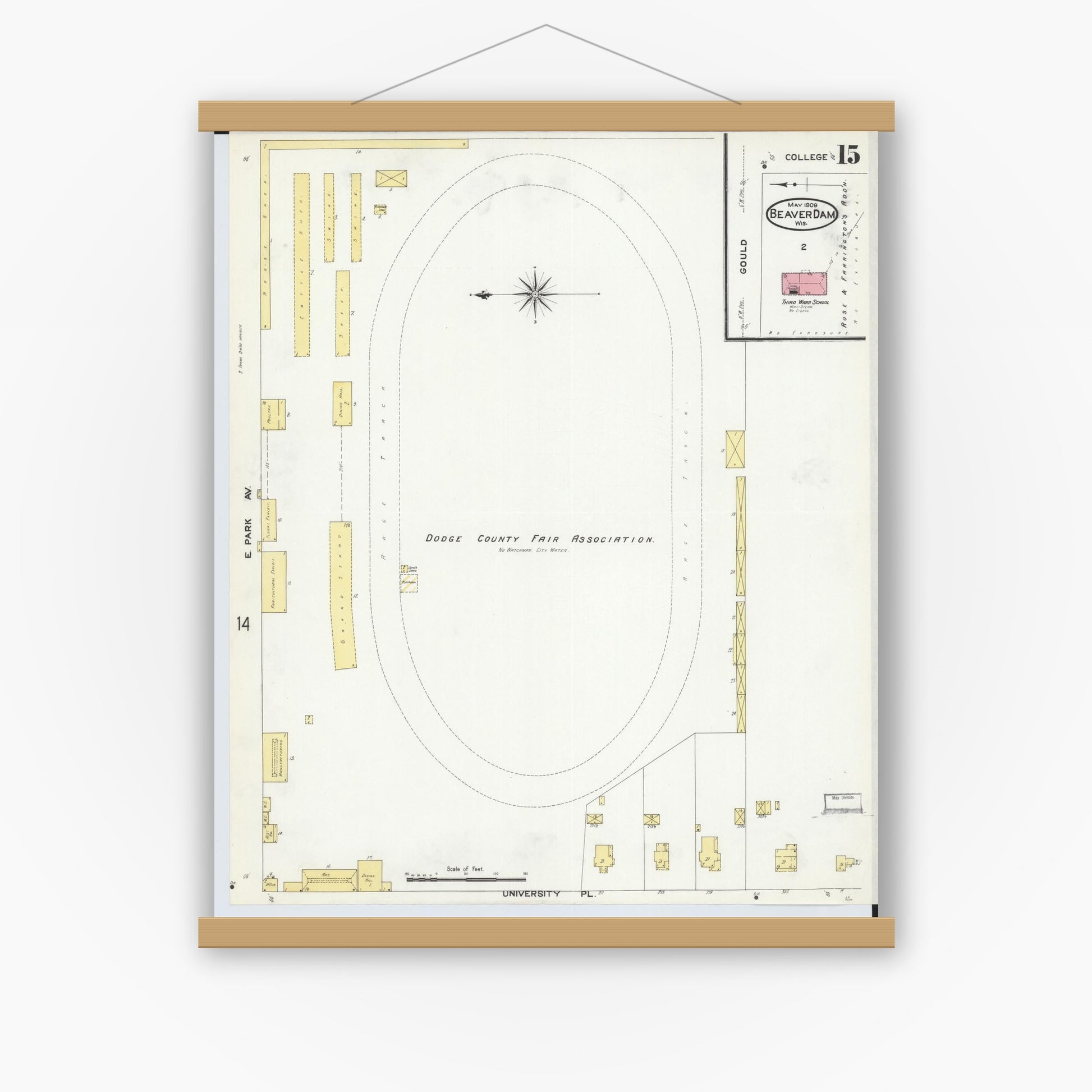 Old map wall art mockup — magnetic wood frame on white wall — Sanborn Fire Insurance Map from Beaver Dam, Dodge County, Wisconsin (1909), Sheet #0015