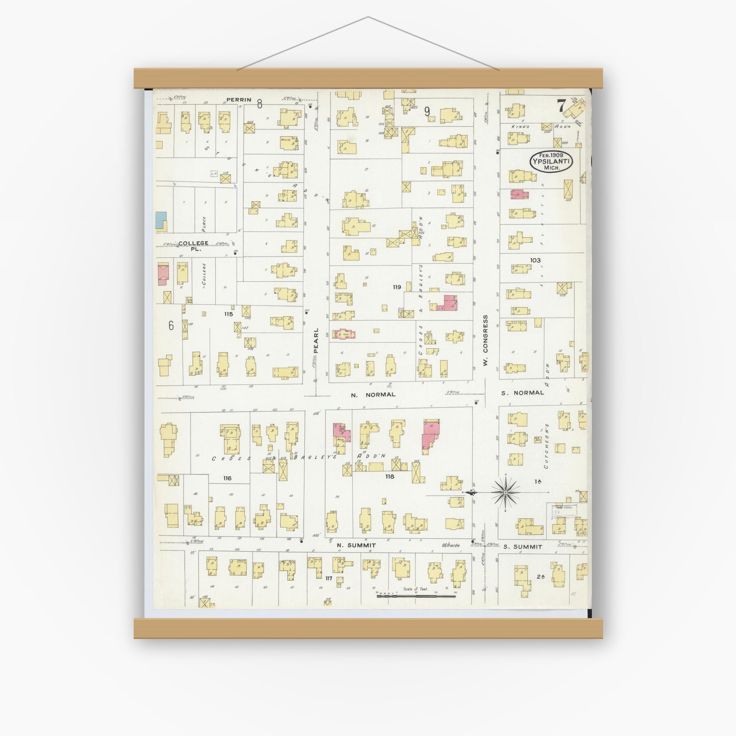 Old map wall art mockup — magnetic wood frame on white wall — Sanborn Fire Insurance Map from Ypsilanti, Washtenaw County, Michigan (1909), Sheet #0007