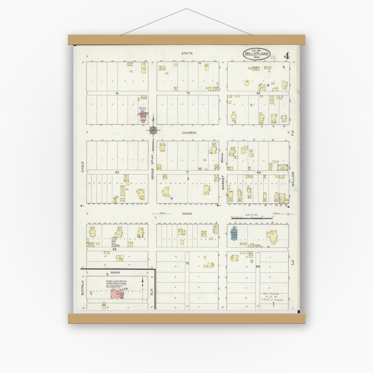 Old map wall art mockup — magnetic wood frame on white wall — Sanborn Fire Insurance Map from Belle Plaine, Scott County, Minnesota (1914), Sheet #0004