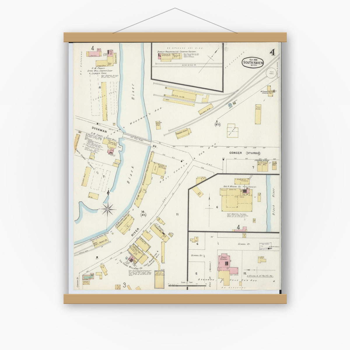Old map wall art mockup — magnetic wood frame on white wall — Sanborn Fire Insurance Map from South Haven, Van Buren County, Michigan (1896), Sheet #0004